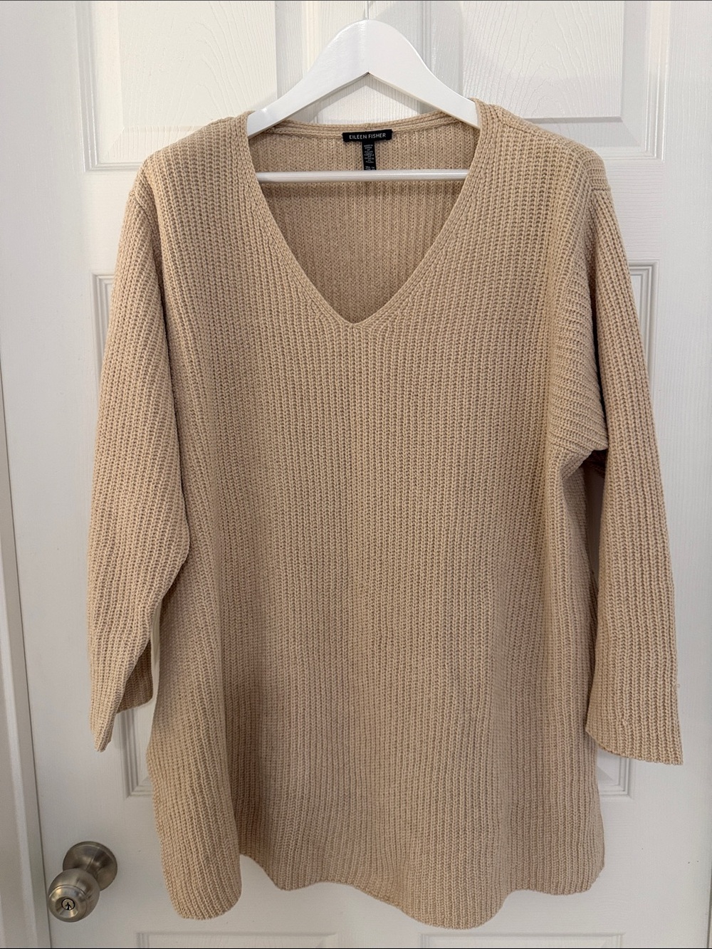 Eileen Fisher Neutral Tan V-Neck Ribbed Knit Sweater